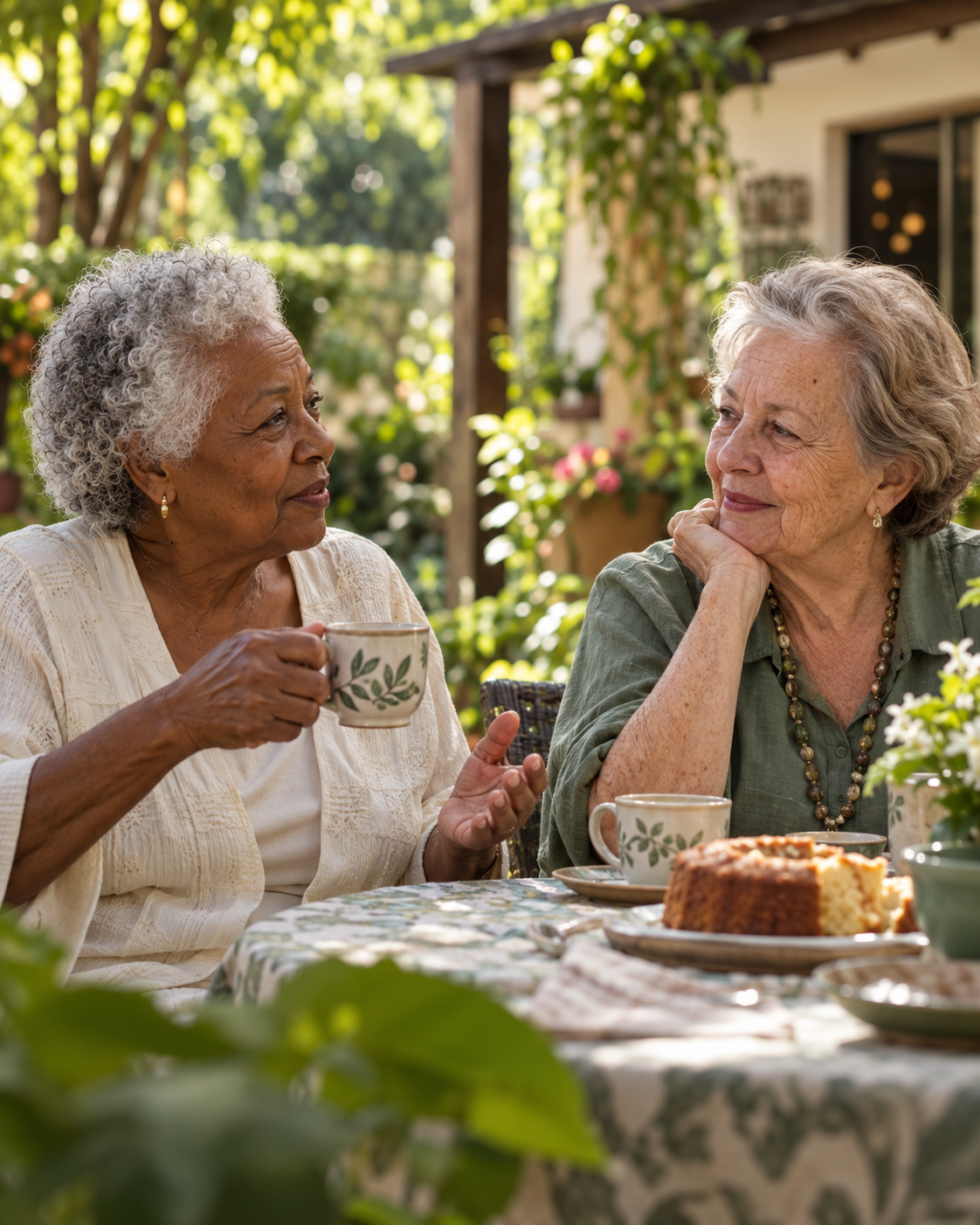 Imagem ilustrativa gerada por IA: duas senhoras conversam à mesa com café e bolo em um jardim